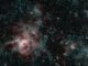 Der Tarantelnebel, aufgenommen vom Weltraumteleskop Spitzer in infraroten Wellenlängen. Die roten Regionen weisen auf die Präsenz von besonders heißem Gas hin, während die blauen Regionen interstellaren Staub kennzeichnen. (Credits: NASA / JPL-Caltech)