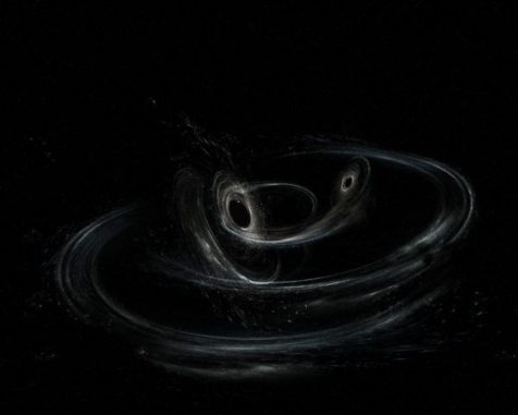 Künstlerische Darstellung der Kollision zweier Schwarzer Löcher, ähnlich denen der von LIGO und Virgo registrierten Gravitationswellensignale. (Image credit: LIGO / Caltech / MIT / Sonoma State (Aurore Simonnet))
