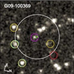 Spitzer-Aufnahme von ultraroten, leuchtkräftigen Galaxien, deren Licht etwa zwölf Milliarden Jahre zu uns unterwegs war. (Credit: IRAC / Spitzer / Ma et al., 2020)