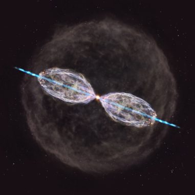 Künstlerische Darstellung basierend auf den Ergebnissen der ALMA-Beobachtungen des alternden Sterns W43A. (Credit: NAOJ)