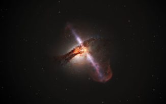 Künstlerische Darstellung eines aktiven galaktischen Kerns mit den beiden Plasmajets. (Credits: ESA / Hubble, L. Calçada (ESO))