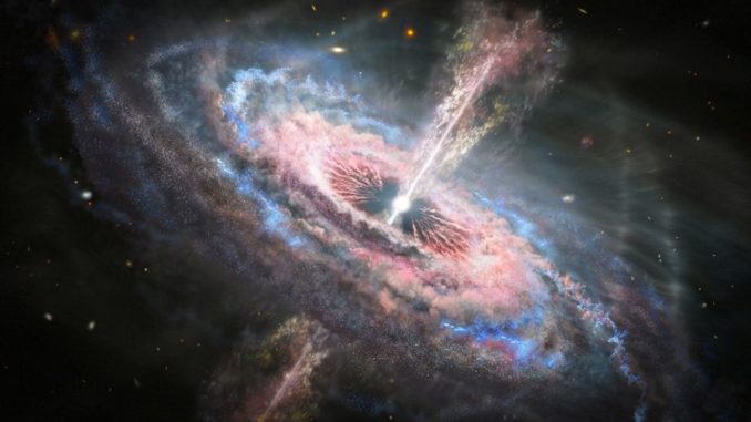 Künstlerische Darstellung einer fernen Galaxie mit einem Quasar als Zentrum. (Credits: NASA, ESA and J. Olmsted (STScI))