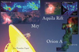 Fotomontage der Emissionslinien-Intensität von CO-Molekülen in den drei beobachteten interstellaren Wolken Orion A, Aquila Rift und M17. (Credit: NAOJ)