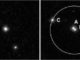 Hubble-Aufnahme eines Systems, das dem Mikrogravitationslinseneffekt unterliegt. Die Linse und die Quellkomponenten (A und B) sind auf dem späteren Bild gut erkennbar. (Credits: NASA / Hubble)