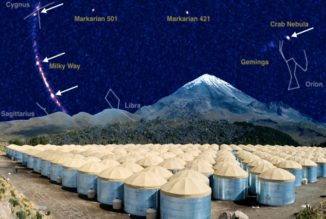 Kompositgrafik eines Himmelsausschnitts im ultrahohen Gammabereich. Im Vordergrund ist das HAWC Observatory zu sehen. (Credits: Courtesy of Jordan Goodman)