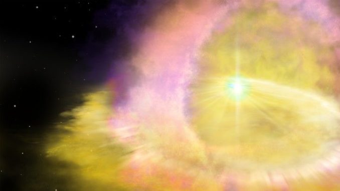 Künstlerische Darstellung der Supernova SN 2016aps. (Credits: Image by Aaron Geller (Northwestern University))