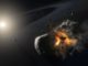 Künstlerische Darstellung der Kollision zweier großer Himmelskörper im Orbit um den hellen Stern Fomalhaut. (Credits: ESA, NASA and M. Kornmesser)