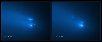 Hubble-Aufnahmen des auseinanderbrechenden Kometen C/2019 Y4 (ATLAS) vom 20. und 23. April 2020. (Credits: NASA, ESA, D. Jewitt (UCLA), Q. Ye (University of Maryland))
