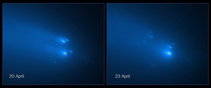 Hubble-Aufnahmen des auseinanderbrechenden Kometen C/2019 Y4 (ATLAS) vom 20. und 23. April 2020. (Credits: NASA, ESA, D. Jewitt (UCLA), Q. Ye (University of Maryland)) Hubble-Aufnahmen des auseinanderbrechenden Kometen C/2019 Y4 (ATLAS) vom 20. und 23. April 2020. (Credits: NASA, ESA, D. Jewitt (UCLA), Q. Ye (University of Maryland))