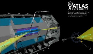 Ein Kandidatenereignis für die Erzeugung eines Higgs-Bosons mittels der Vektor-Bosonen-Fusion und anschließendem Zerfall in unregistrierte Teilchen. (Credits: Image: CERN)