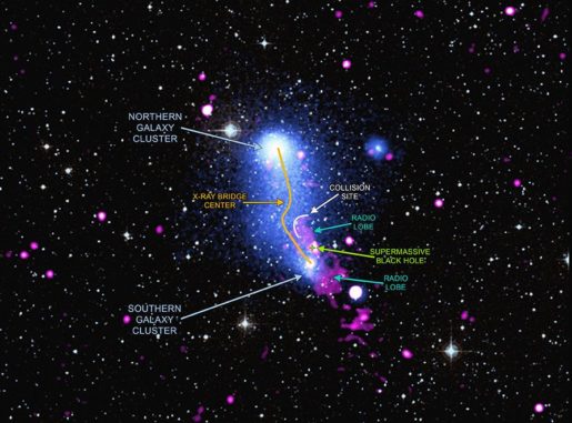 Abell 2384 (beschriftet). (Credit: X-ray: NASA / CXC / SAO / V.Parekh, et al. & ESA / XMM-Newton; Radio: NCRA / GMRT))