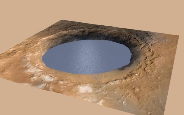 Illustration eines Sees, der den Gale-Krater auf dem Mars teilweise füllt. (Credits: NASA / JPL-Caltech / ESA / DLR / FU Berlin / MSSS)