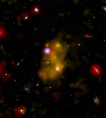 Ein Kompositbild einer Lyman-Alpha-Galaxie. Gelb markiert die Lyman-Alpha-Emission von Wasserstoff, Weiß zeigt die Galaxie, Rot die Infrarotansicht und Blau die Röntgenemissionen. (Credits: X-ray (NASA / CXC / Durham Univ. / D. Alexander et al.); Optical (NASA / ESA / STScI / IoA / S. Chapman et al.); Lyman-alpha Optical (NAOJ / Subaru / Tohoku Univ. / T. Hayashino et al.); Infrared (NASA / JPL-Caltech / Durham Univ. / J. Geach et al.)) Ein Kompositbild einer Lyman-Alpha-Galaxie. Gelb markiert die Lyman-Alpha-Emission von Wasserstoff, Weiß zeigt die Galaxie, Rot die Infrarotansicht und Blau die Röntgenemissionen. (Credits: X-ray (NASA / CXC / Durham Univ. / D. Alexander et al.); Optical (NASA / ESA / STScI / IoA / S. Chapman et al.); Lyman-alpha Optical (NAOJ / Subaru / Tohoku Univ. / T. Hayashino et al.); Infrared (NASA / JPL-Caltech / Durham Univ. / J. Geach et al.))