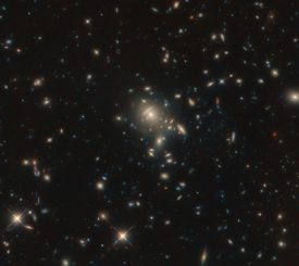 Die dem Gravitationslinseneffekt unterliegende Galaxie PLCK G045.1+61.1 ist in Form mehrerer rötlicher Punkte nahe der Bildmitte erkennbar. (Credit: ESA / Hubble & NASA, B. Frye)