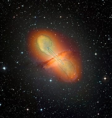 Kompositbild der Galaxie Centaurus A mit den Jets, die von ihrem zentralen supermassiven Schwarzen Loch ausgehen, und der damit einhergehenden Gammastrahlung. (Credits: ESO / WFI (Optical); MPIfR / ESO / APEX / A.Weiss et al. (Submillimetre); NASA / CXC / CfA / R.Kraft et al. (X-ray), H.E.S.S. collaboration (Gamma))