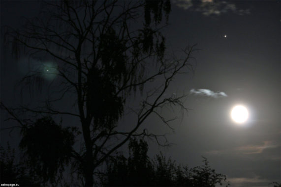 Konjunktion von Mond, Jupiter (oben rechts) und Saturn (oben links). (Credit: astropage.eu)