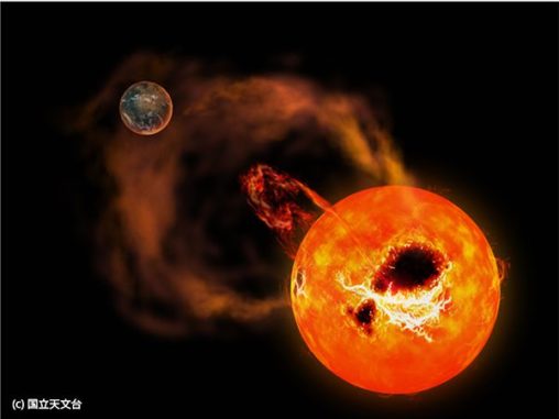 Illustration des Sterns AD Leonis mit explosiven stellaren Eruptionen. (Credits: National Astronomical Observatory of Japan)