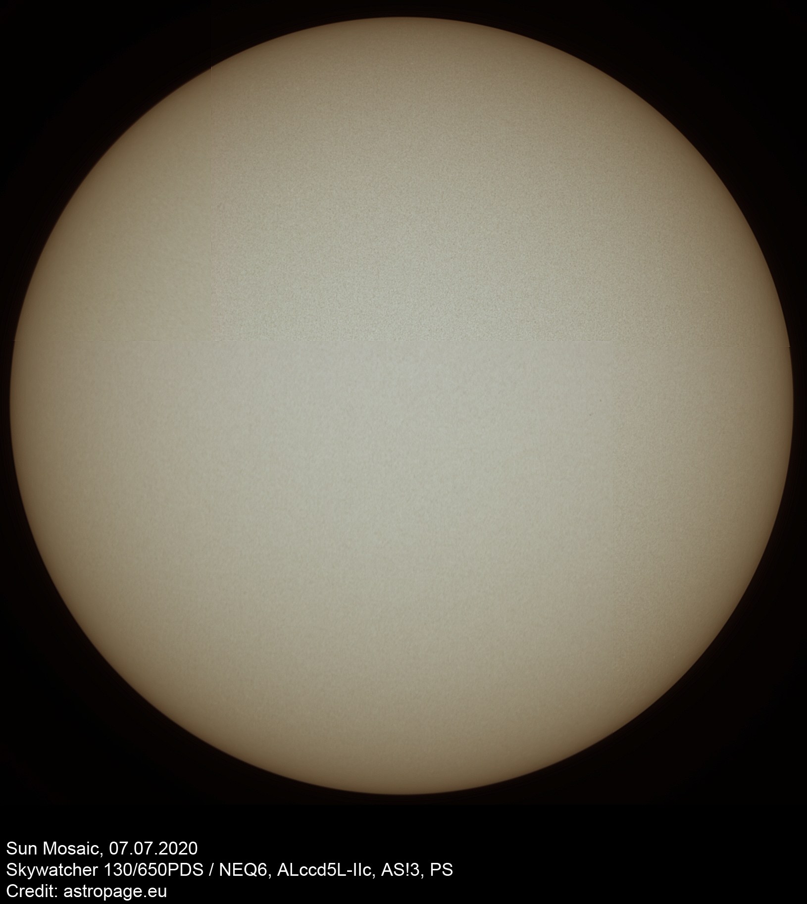 Sonnenmosaik, aufgenommen am 7. Juli 2020 mit einem 130er Newton-Teleskop und Planetencam. (Credit: astropage.eu)