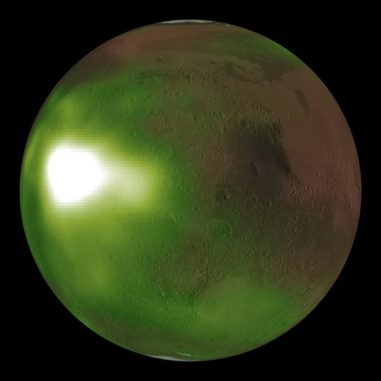 Das "Nachtleuchten" der Atmosphäre auf dem Mars im Ultraviolettbereich, basierend auf Daten der Raumsonde MAVEN. (Credits: NASA / MAVEN / Goddard Space Flight Center / CU / LASP)