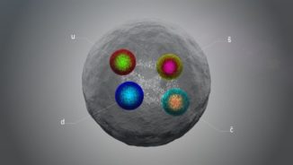 Künstlerische Darstellung des neuen Tetraquarks mit den Teilchen aus denen es besteht. (Credits: Image: Daniel Dominguez / CERN)