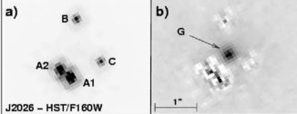 Hubble-Aufnahme des Quasars WFI2026-4536 und seiner durch den Gravitationslinseneffekt entstandenen Mehrfachabbilder. (Credits: NASA-Hubble, Morgan et al. 2003)