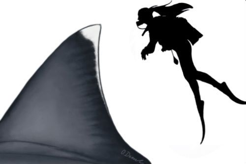 Größenvergleich der Rückenflosse eines Megalodon mit einem 1,6m großen Taucher. (Credits: Fin reconstruction by Oliver E. Demuth)
