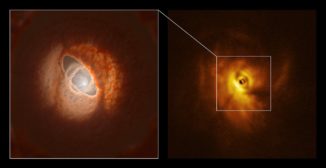 Rechts: Aufnahme der Zentralregion des Dreifachsternsystems GW Orionis, basierend auf Daten des VLT. Links: Künstlerische Darstellung der Ringe in der Zentralregion. (Credit: ESO / L. Calçada, Exeter / Kraus et al.)