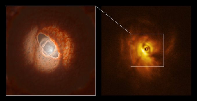 Rechts: Aufnahme der Zentralregion des Dreifachsternsystems GW Orionis, basierend auf Daten des VLT. Links: Künstlerische Darstellung der Ringe in der Zentralregion. (Credit: ESO / L. Calçada, Exeter / Kraus et al.) Rechts: Aufnahme der Zentralregion des Dreifachsternsystems GW Orionis, basierend auf Daten des VLT. Links: Künstlerische Darstellung der Ringe in der Zentralregion. (Credit: ESO / L. Calçada, Exeter / Kraus et al.)