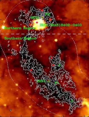 IRAC-Infrarotbild eines Filaments mit jungen sternbildenden Kernen. (Credit: NASA / Spitzer-IRAC, and Wang et al., 2008)