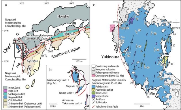 Die Position und die geologische Karte des Yukinoura District, Saikai City in der Nagasaki-Präfektur, Japan. (Credits: Professor Tadao Nishiyama / CC BY 4.0)