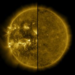 Dieses geteilte Bild zeigt den Unterschied zwischen einer aktiven Sonne während des solaren Maximums im April 2014 (links) und einer ruhigen Sonne während des solaren Minimums im Dezember 2019 (rechts). (Credits: NASA / SDO)