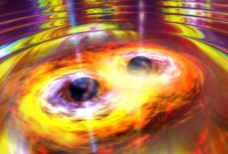 Illustration zweier verschmelzender Schwarzer Löcher und der dabei entstehenden Gravitationswellen. (Credits: Dana Berry / SkyWorks / NASA)