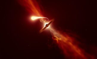 Diese Illustration zeigt einen Stern (im Vordergrund), der von einem supermassiven Schwarzen Loch (im Hintergrund) verschlungen und dabei spaghettifiziert wird. (Credit: ESO / M. Kornmesser)