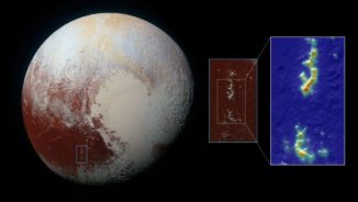 Pluto, aufgenommen von der Raumsonde New Horizons (links). Rechts ist eine Detailaufnahme der Pigafetta Montes zu sehen. Die Farbgebung zeigt den Methangehalt von gering (blau) nach hoch (rot). (Credits: NASA / JHUAPL / SwRI and Ames Research Center / Daniel Rutter)