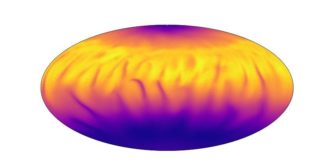 Die Grafik zeigt die kühleren (blau) und heißeren (gelb) Regionen auf einem Magnetar. Die Quelldaten stammen von den Magnetaren 4U 0142+61, 1E 1547.0-5408, XTE J1810–197 und SGR 1900 + 14. (Credits: University of Leeds)