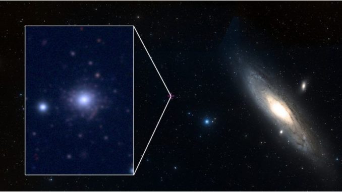 Der Kugelsternhaufen RBC EXT8 (links) liegt in den Randgebieten der Andromeda-Galaxie. Die Andromeda-Galaxie ist eine Nachbarin unserer Milchstraßen-Galaxie und rund 2,5 Millionen Lichtjahre entfernt. (Credit: ESASky / CFHT)