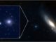 Der Kugelsternhaufen RBC EXT8 (links) liegt in den Randgebieten der Andromeda-Galaxie. Die Andromeda-Galaxie ist eine Nachbarin unserer Milchstraßen-Galaxie und rund 2,5 Millionen Lichtjahre entfernt. (Credit: ESASky / CFHT)