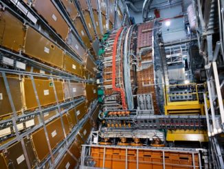 Das Kalorimeter und das Myon-Spektrometer des ATLAS-Experiments am Large Hadron Collider am CERN. (Credits: Image: S. Goldfarb / ATLAS collaboration)