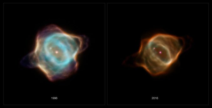 Der Stingray-Nebel, aufgenommen vom Weltraumteleskop Hubble in den Jahren 1996 und 2016. (Credits: NASA, ESA, B. Balick (University of Washington), M. Guerrero (Instituto de Astrofísica de Andalucía), and G. Ramos-Larios (Universidad de Guadalajara)) Der Stingray-Nebel, aufgenommen vom Weltraumteleskop Hubble in den Jahren 1996 und 2016. (Credits: NASA, ESA, B. Balick (University of Washington), M. Guerrero (Instituto de Astrofísica de Andalucía), and G. Ramos-Larios (Universidad de Guadalajara))