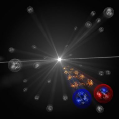 Künstlerische Darstellung der Wechselwirkung zwischen einem Omega-Hyperon (links) und einem Proton (rechts). (Credits: Image: CERN)