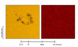 Ausschnitt aus einer Animation eines Sonnenbebens, das auf einen Flare folgte. Die wellenförmigen Strukturen sind rechts erkennbar. (Credits: NASA / SDO)