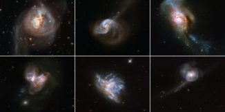 Sechs verschmelzende Galaxienpaare, aufgenommen vom Weltraumteleskop Hubble. Obere Reihe: NGC 3256, NGC 1614, NGC 4194. Untere Reihe: NGC 3690, NGC 6052, NGC 34. (Credit: NASA & ESA)
