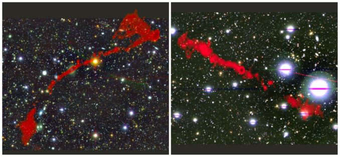 Die zwei Riesenradiogalaxien MGTC J095959.63+024608.6 (links) und MGTC J100016.84+015133.0 (rechts), basierend auf Daten des MeerKAT-Teleskops. (Credits: I. Heywood (Oxford / Rhodes / SARAO, Attribution CC BY 4.0)