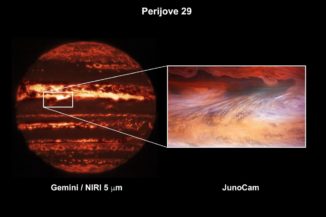Ein Hotspot auf Jupiter, aufgenommen vom Gemini North Telescope (links) und der Raumsonde Juno (rechts). (Credits: Gemini image: International Gemini Observatory / NOIRLab / NSF / AURA M.H. Wong (UC Berkeley); JunoCam image: NASA / JPL-Caltech / SwRI / MSSS / Brian Swift © CC BY / Tom Momary © CC BY)