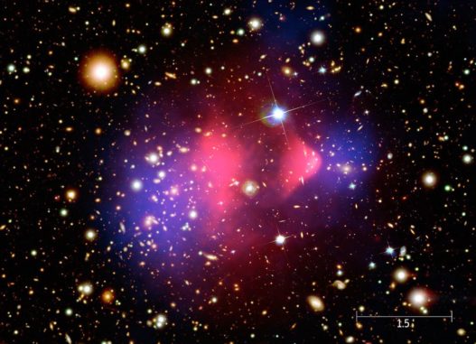 Kompositbild eines Galaxienhaufens, der aus der Kollision zweier großer Galaxienhaufen hervorging. Heißes röntgenemittierendes Gas ist pink dargestellt, Dunkle Materie (abgeleitet anhand ihrer Gravitation) in Blau. (Credits: X-ray: NASA / CXC / CfA / M.Markevitch et al.; Optical: NASA / STScI; Magellan / U.Arizona / D.Clowe et al.; Lensing Map: NASA / STScI; ESO WFI; Magellan / U.Arizona / D.Clowe et al.) Kompositbild eines Galaxienhaufens, der aus der Kollision zweier großer Galaxienhaufen hervorging. Heißes röntgenemittierendes Gas ist pink dargestellt, Dunkle Materie (abgeleitet anhand ihrer Gravitation) in Blau. (Credits: X-ray: NASA / CXC / CfA / M.Markevitch et al.; Optical: NASA / STScI; Magellan / U.Arizona / D.Clowe et al.; Lensing Map: NASA / STScI; ESO WFI; Magellan / U.Arizona / D.Clowe et al.)