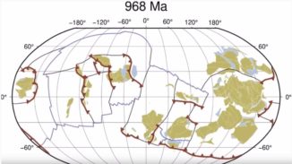 Bild aus der unten verlinkten Videoanimation der plattentektonischen Bewegungen während der letzten Milliarde Jahre. (Credits: Dr. Andrew Merdith, University of Lyon)