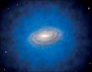 Künstlerische Darstellung einer Spiralgalaxie, die in eine größere Ansammlung von unsichtbarer Dunkler Materie eingehüllt ist, ein sogenannter Dunkle-Materie-Halo (blau). (Credits: ESO / L. Calçada / CC-BY 4.0)