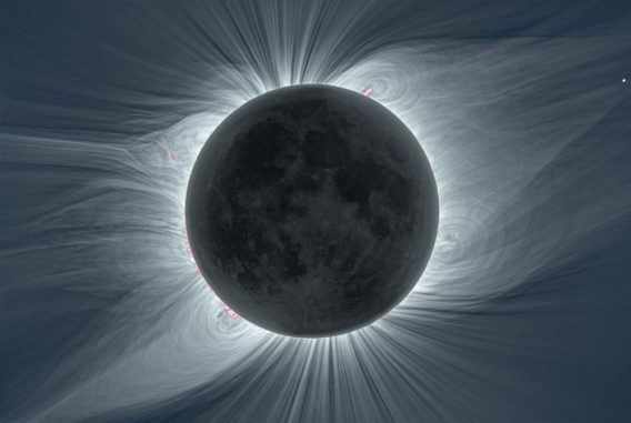 Die Sonnenkorona, aufgenommen während der totalen Sonnenfinsternis am 21. August 2017 in Mitchell (Oregon). (Credits: Boe, Habbal, Druckmüller, Ding, Hodérova, & Štarha, Astrophysical Journal, 888, 100, (Jan. 10, 2020))