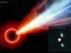 Künstlerische Darstellung des Jets eines Quasars im jungen Universum. Das kleine Bild zeigt die Beobachtungen in verschiedenen Wellenlängen (optisch, infrarot, Röntgen). (Credit: X-ray: NASA / CXO / JPL / T. Connor; Optical: Gemini / NOIRLab / NSF / AURA; Infrared: W. M. Keck Observatory; Illustration: NASA / CXC / M.Weiss)