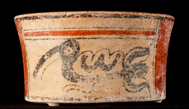 Eines von zwei Gefäßen aus einem nicht-königlichen Maya-Grab in El Palmar zeigt einen kormoranähnlichen Vogel. (Credits: Kenichiro Tsukamoto) Eines von zwei Gefäßen aus einem nicht-königlichen Maya-Grab in El Palmar zeigt einen kormoranähnlichen Vogel. (Credits: Kenichiro Tsukamoto)